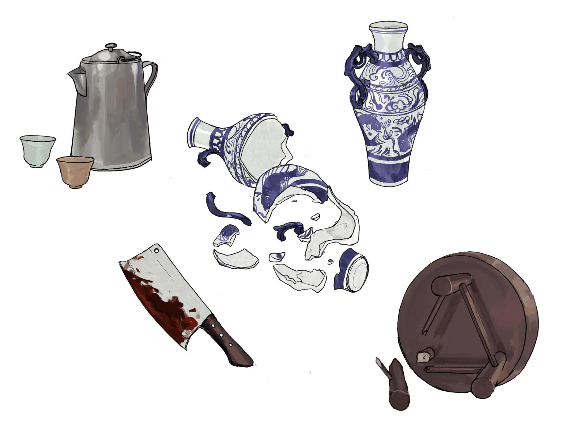 Detailed zoom-ins for "Private Ear" assets, a BRGD murder mystery game. Evidence used to solve a murder in a fishing hut.