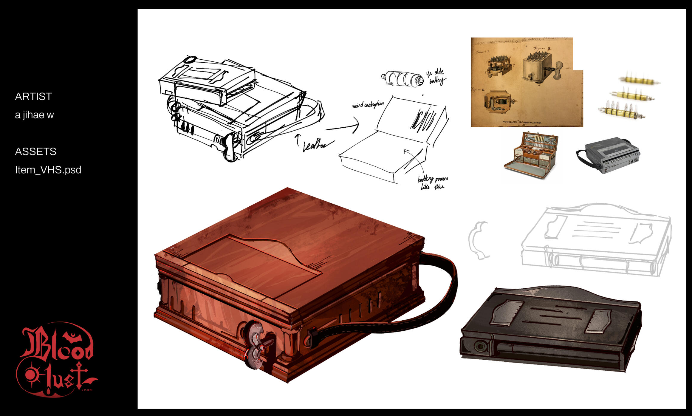 Concept and final render for &quot;bloodlust.exe&quot;. A gothic horror take on a VHS player that uses scarficator-inspired batteries.