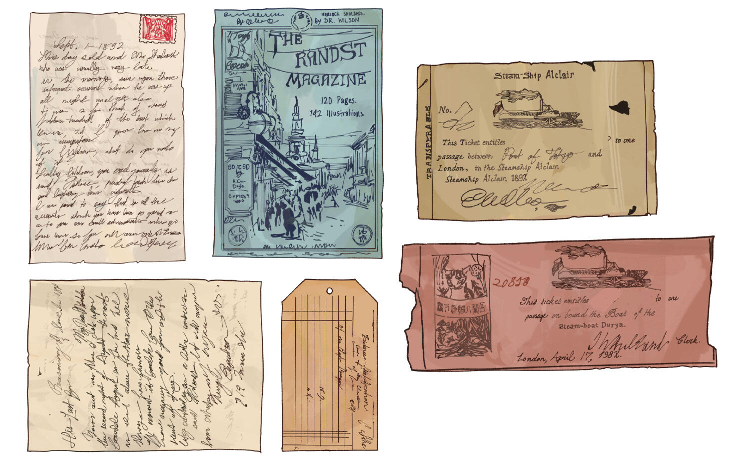 Miscellaneous spot illustrations of Victorian-era ephemera for a scrapbook-like magazine.