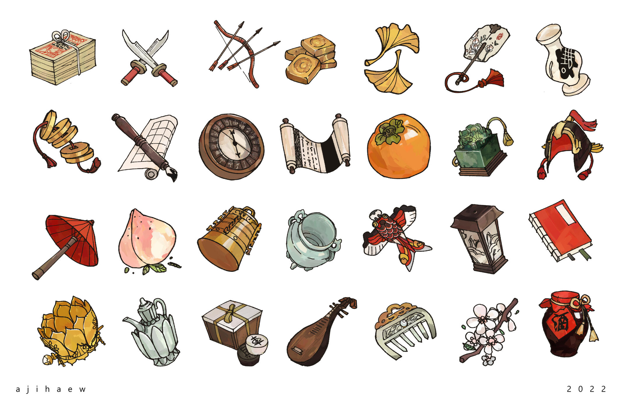 Collectibles for "Palace of Fortune". Objects were based off a mixture of high status artifacts and everyday items of the Tang Dynasty.